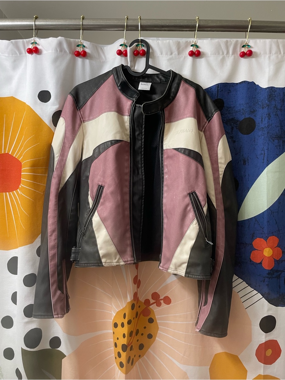 iets frans…Colorblock faux Leather Motorcycle Jacket - Mauve/Black/Cream